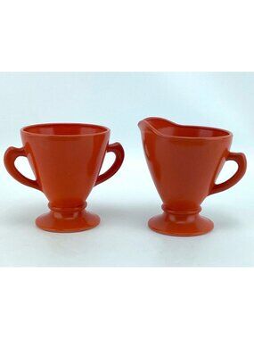 Vintage Hazel Atlas Sugar and Creamer set, Ovide burnt orange, Art Deco glass